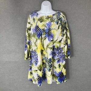 Susan Graver Floral Print Crinkle Dress 3/4 Sleeve Casual‎ White Blue Yellow 2X